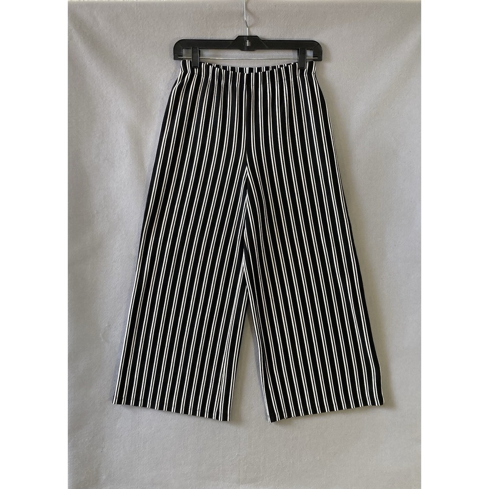 Wild Fable Women's Black White Striped Wide-Leg Cropped Pants Elastic Waist XS